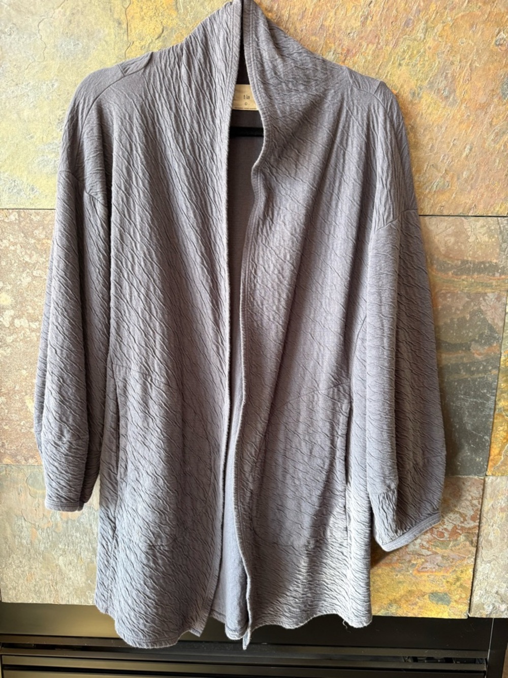 T.la blue gray ruched cotton cardigan, no buttons, laces in back. Made in Mexico